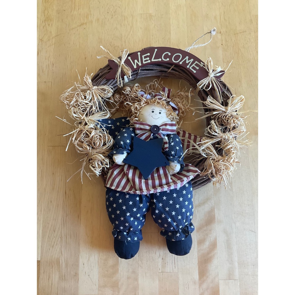 Patriotic Americana Welcome Wreath Primitive Rag Doll Grapevine Wall Decor 17in